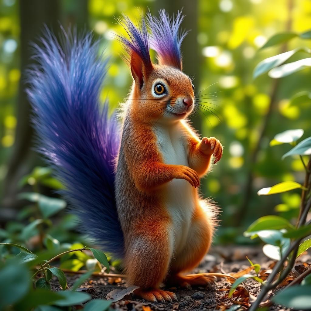 A digitigrade red-orange squirrel with striking long blue-violet spiky hair and vibrant yellow-green eyes