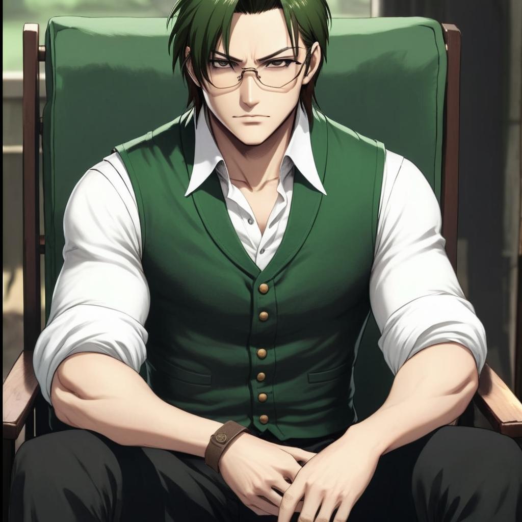 Very buff green beret glasses green medium length hair vest white shirt sitting in chair green chair brown outside thirty-five yers old
