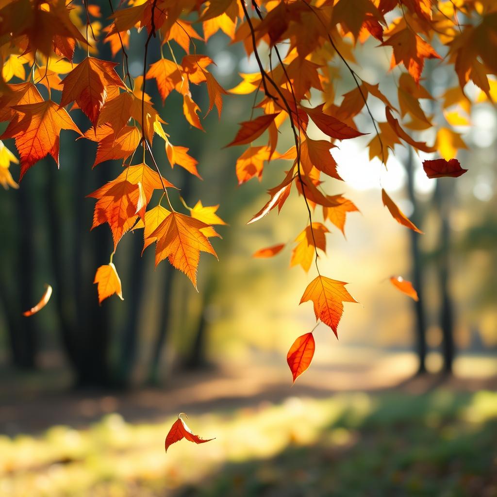 A serene scene of colorful autumn leaves gently falling to the ground in slow motion