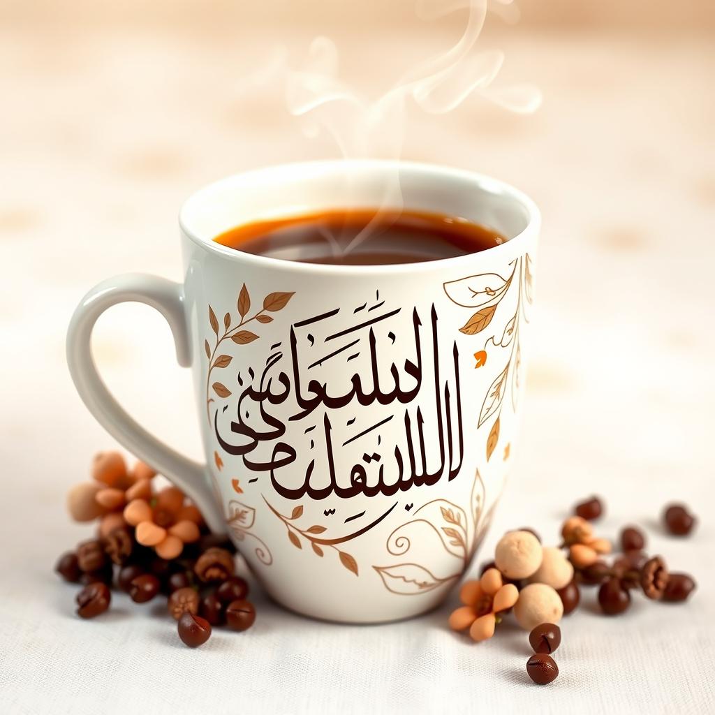 A beautifully designed coffee cup featuring elegant Arabic calligraphy in a modern style, adorned with intricate botanical ornaments