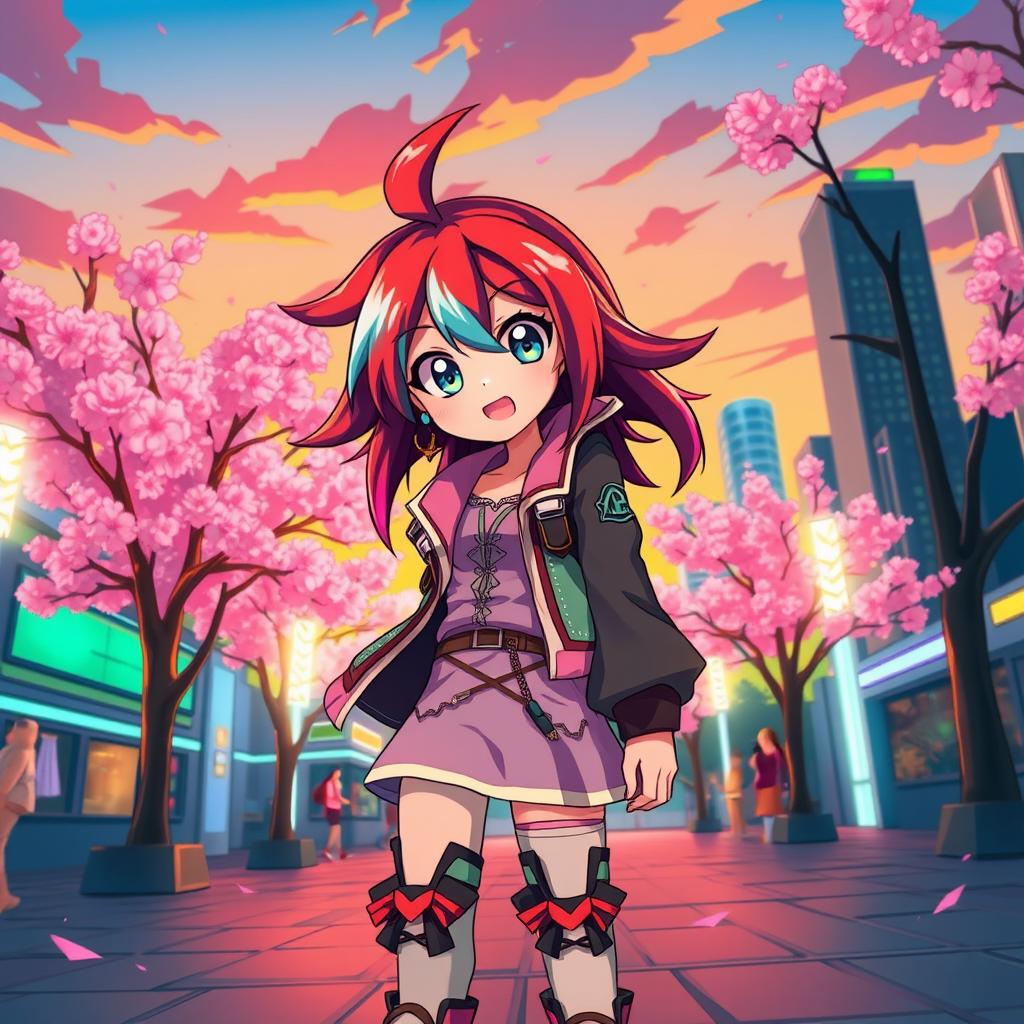 A vibrant anime scene featuring a dynamic character design, with colorful hair and expressive eyes, standing in a stylized urban landscape