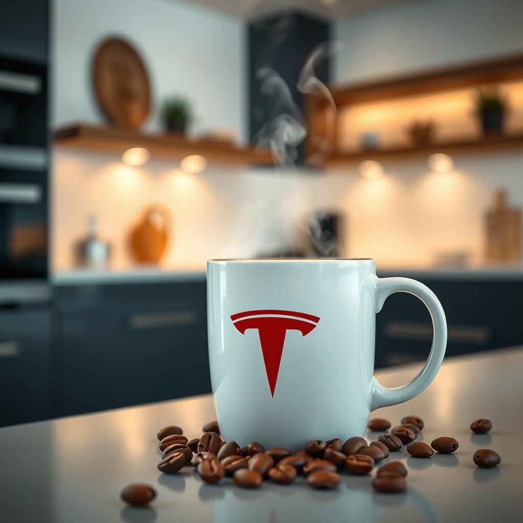 A steaming cup of coffee adorned with the Tesla logo, sitting on a sleek table