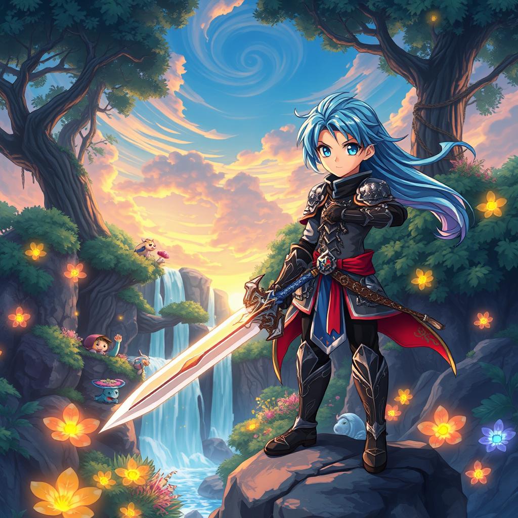 A captivating anime scene featuring a mystical forest with glowing plants, vibrant colors, and a waterfall cascading in the background