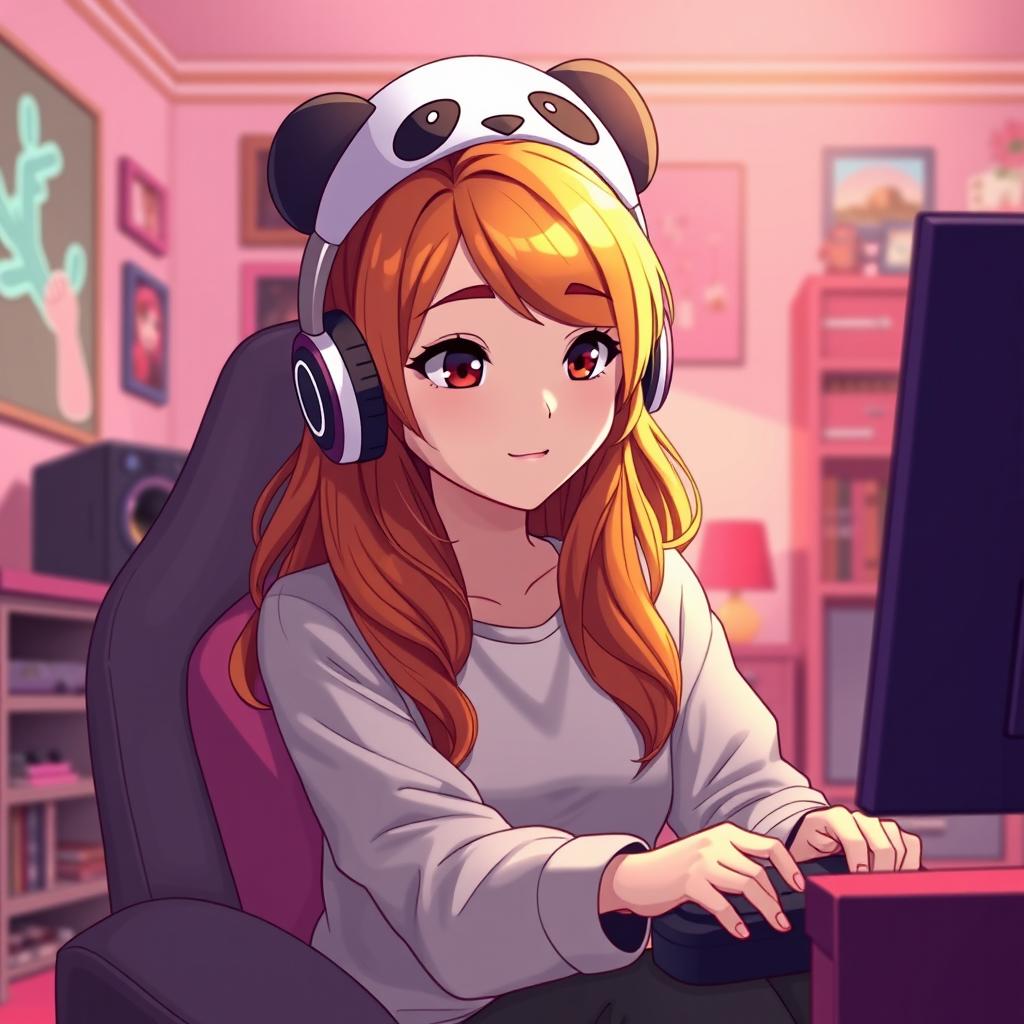 An animated image of a woman sitting and playing video games in a gamer-themed room decorated in pink tones