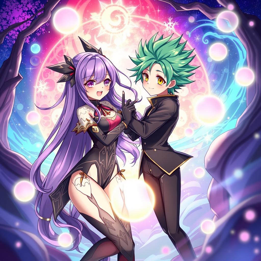 An anime-inspired illustration featuring alluring characters in a vibrant fantasy setting, with enchanting backgrounds and mystical elements