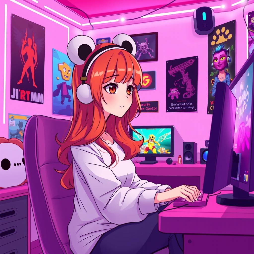 A lively animated scene of a woman sitting and playing video games in a gamer room with pink tones