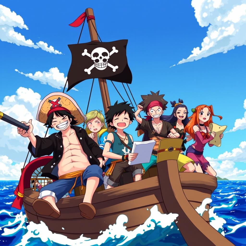 An illustration inspired by the anime 'One Piece', featuring a diverse group of pirate characters in a vibrant and adventurous setting