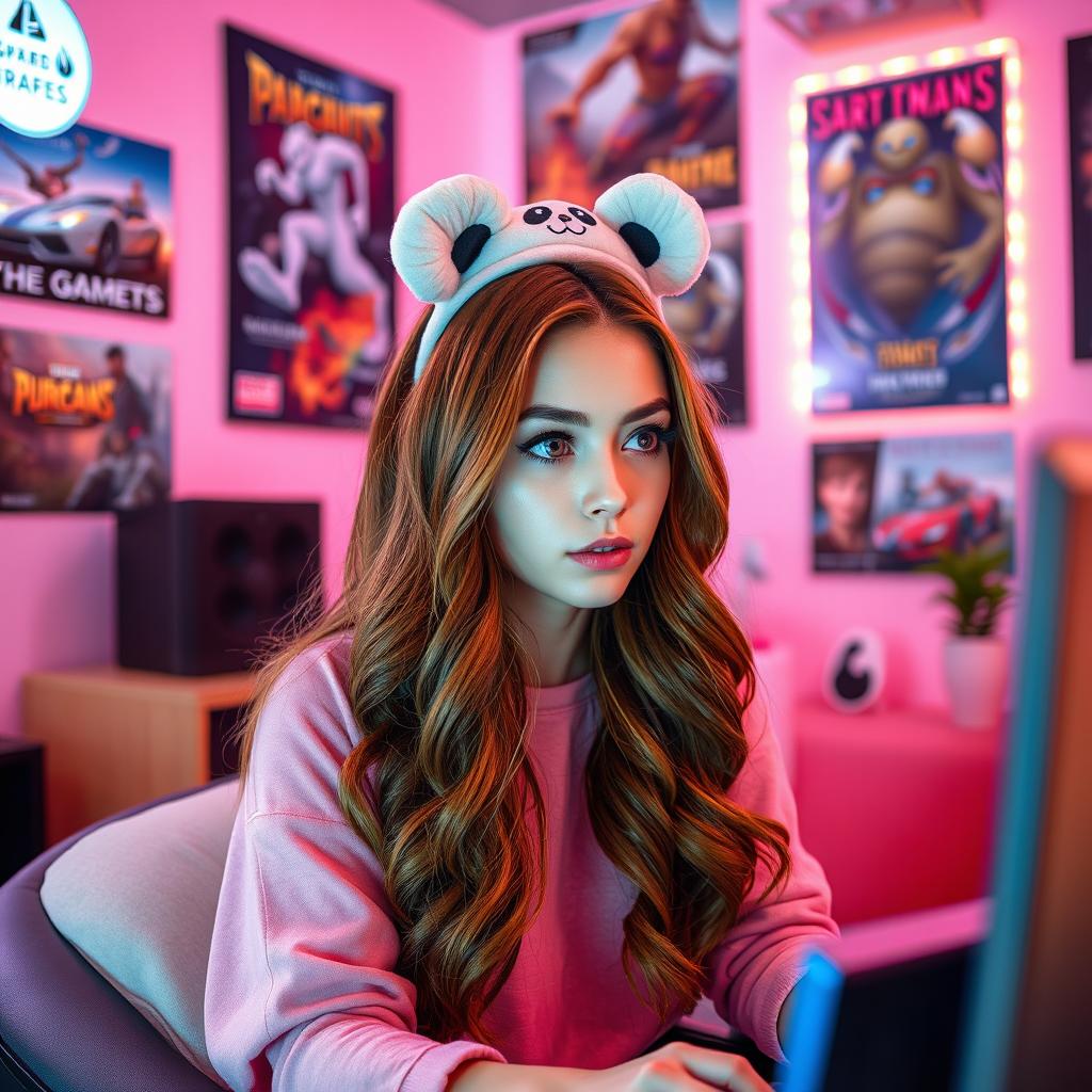 A woman sitting in a cozy gamer room, immersed in playing video games