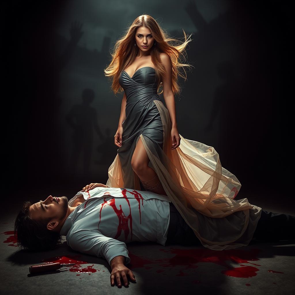 A striking scene featuring a woman confidently standing on a man, surrounded by a dramatic backdrop