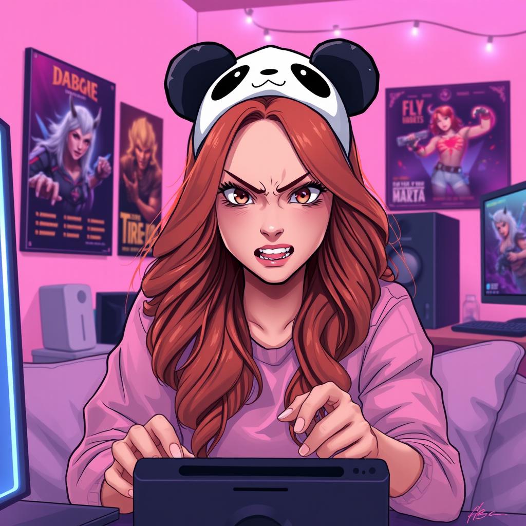 A woman sitting in a cozy gamer room, deeply engaged in playing video games, displaying a facial expression of anger or frustration