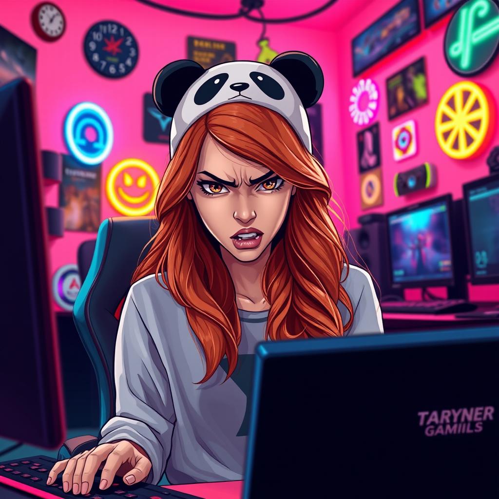 A woman sitting in a vibrant gamer room, fully engrossed in playing video games, showcasing a facial expression of anger or frustration