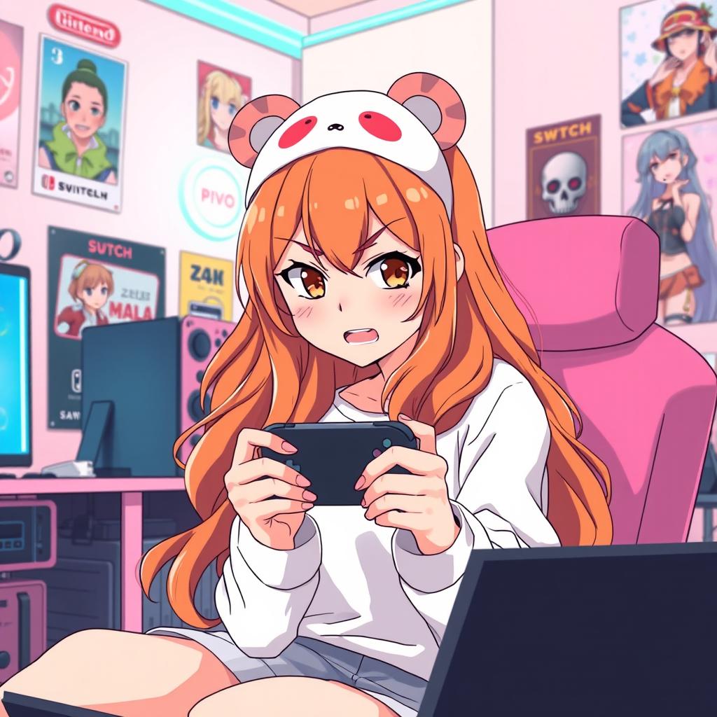 An anime-style illustration of an otaku woman sitting in a gamer room styled in soft pink tones, intensely playing video games