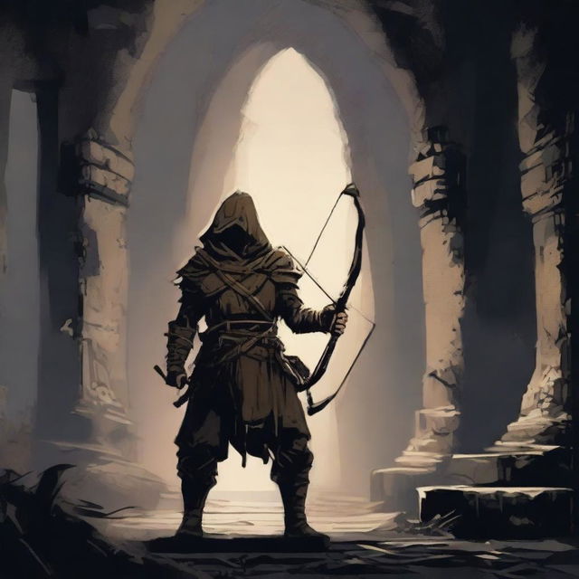 A brave warrior wielding a formidable, oversized bow venturing into an eerily dark, ancient dungeon.