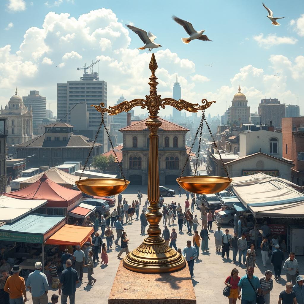 Vibrant Open Sky Cityscape: Justice, Freedom & Innovation