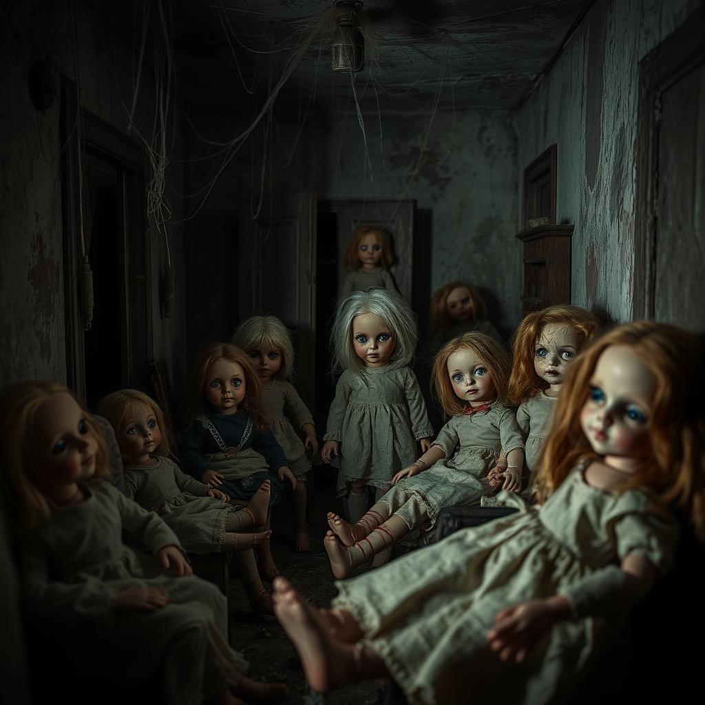 A decrepit horror house filled with creepy dolls scattered throughout the darkened rooms