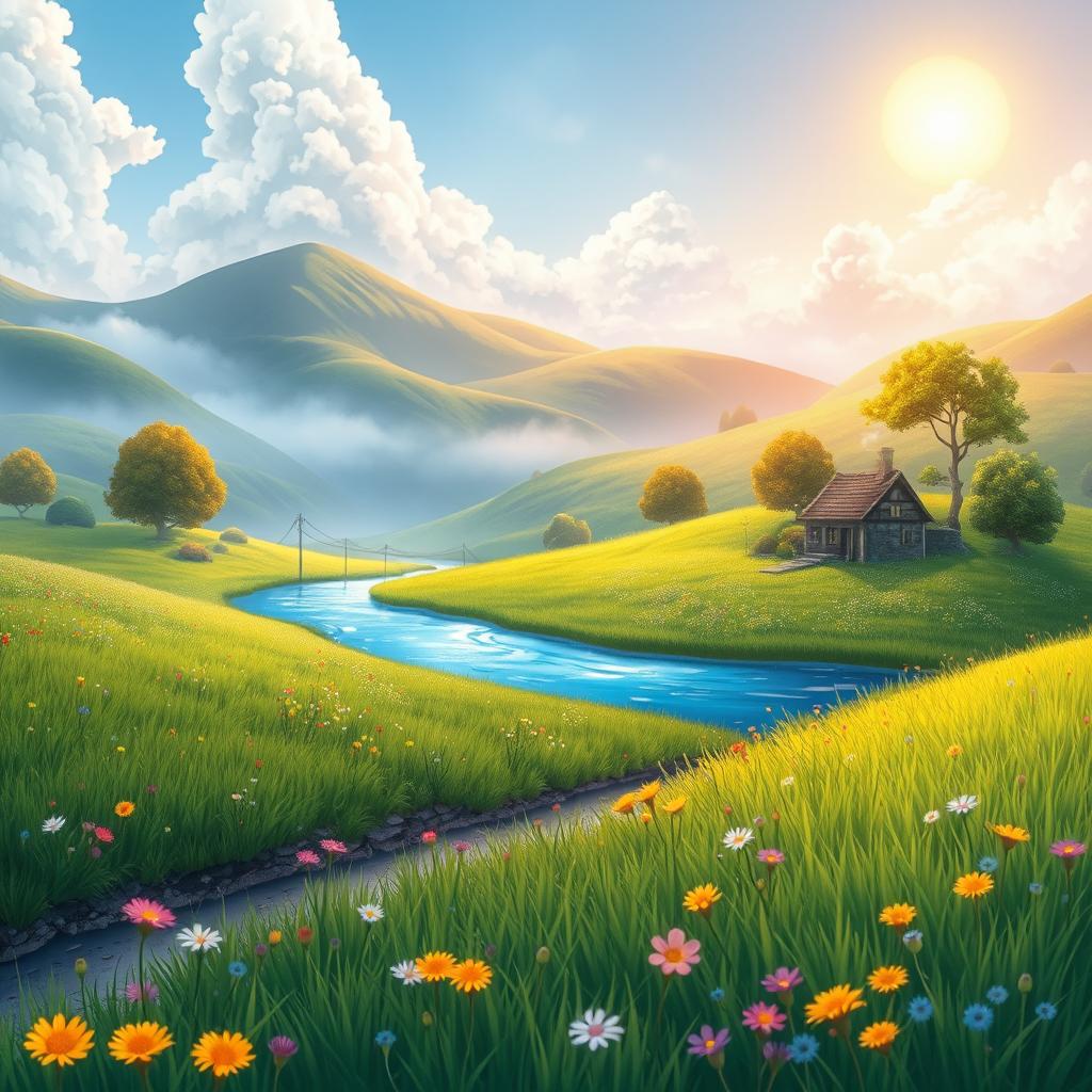 A whimsical and lush landscape inspired by the enchanting style of Studio Ghibli, featuring vibrant colors and detailed textures