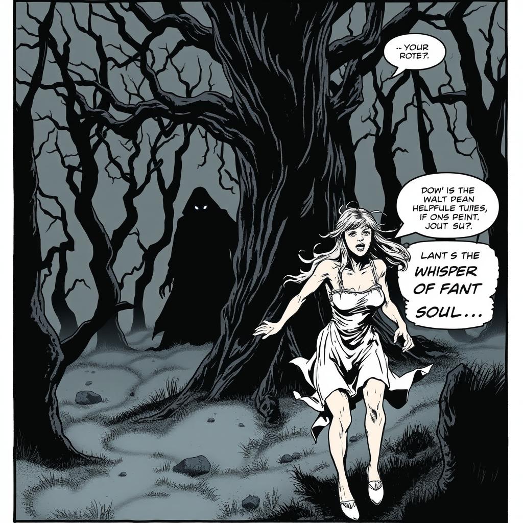 A chilling horror comic scene depicting a dark, eerie forest at night, with twisted trees and fog creeping along the ground