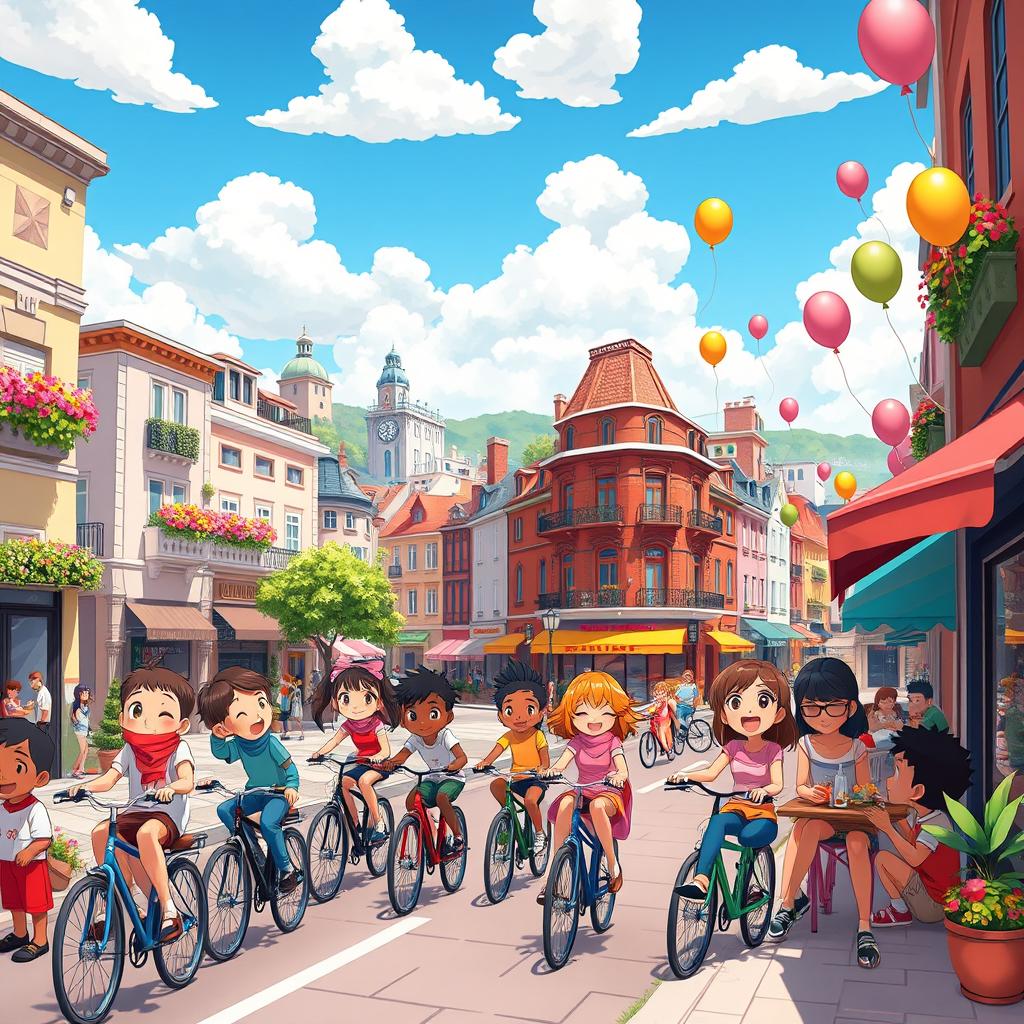 A vibrant and colorful animated scene featuring a lively cityscape during a sunny day