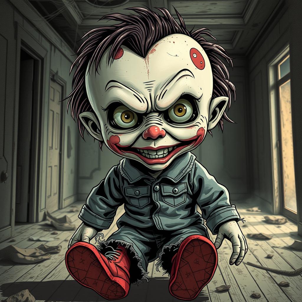 A horror-themed comic doll with a creepy expression, featuring oversized eyes and a sinister grin
