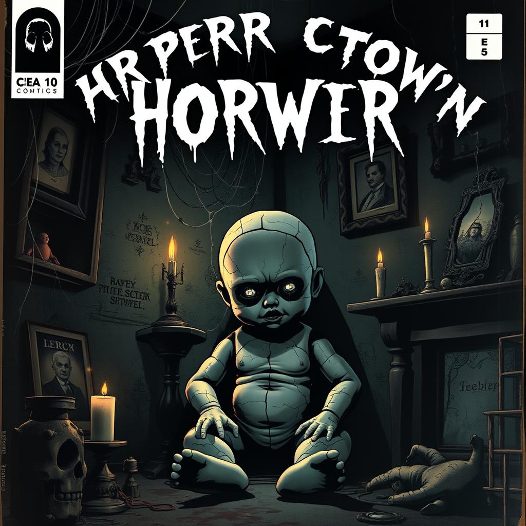A horror-themed comic book cover featuring a sinister baby doll with cracked porcelain skin and lifeless eyes