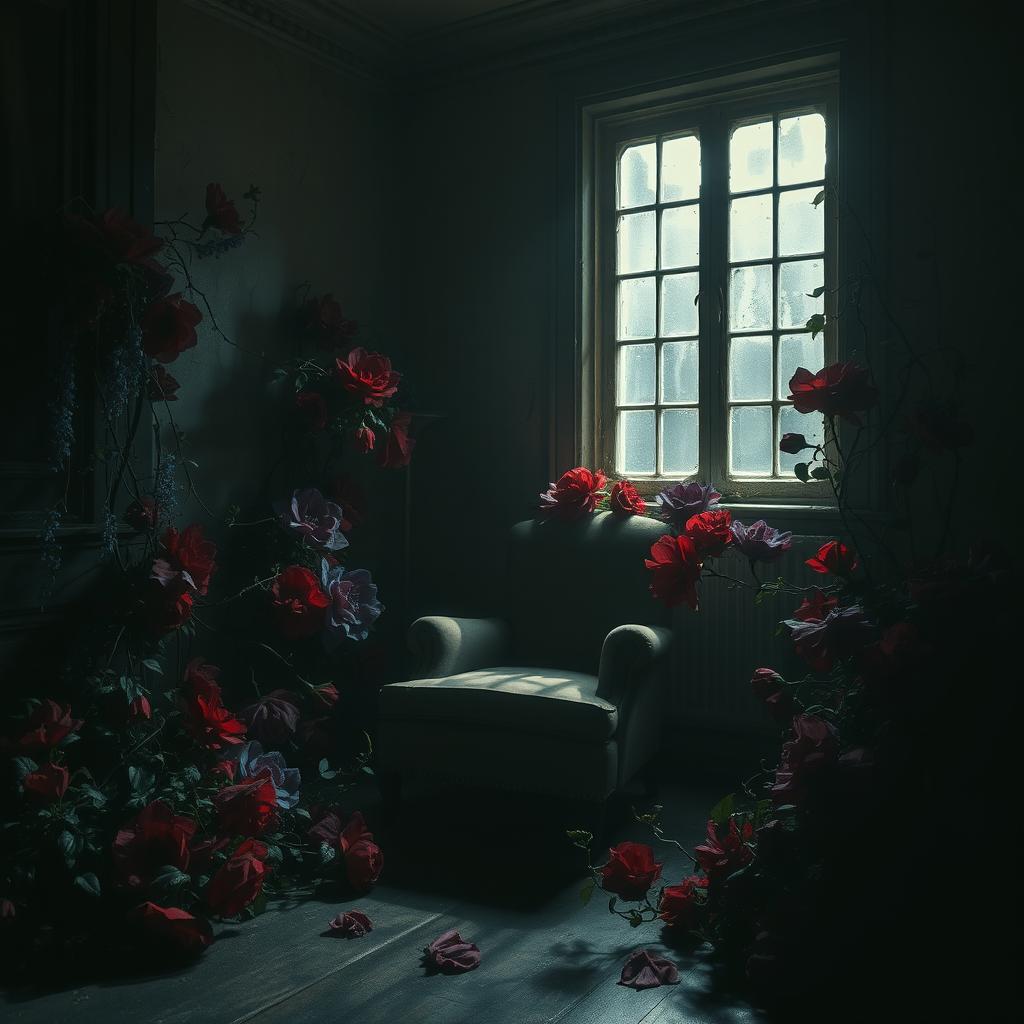 A dark, eerie room filled with vibrant, oversized flowers that seem to glow in the dim light