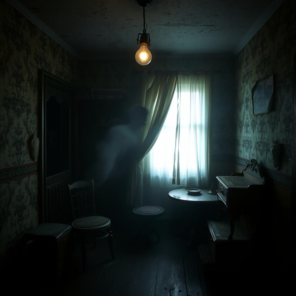 A dimly lit, eerie room filled with unsettling shadows and a chilling atmosphere