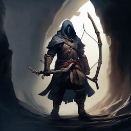 A brave warrior wielding a formidable, oversized bow venturing into an eerily dark, ancient dungeon.