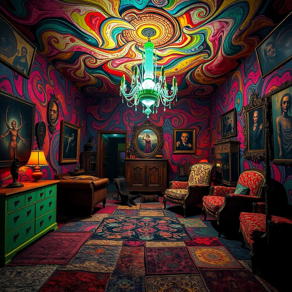 A psychedelic horror room featuring vivid, swirling colors and chaotic patterns