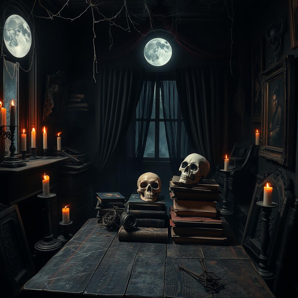 A spooky room filled with eerie details: dimly lit with flickering candles, cobwebs hanging from the corners, and shadows of ghostly figures