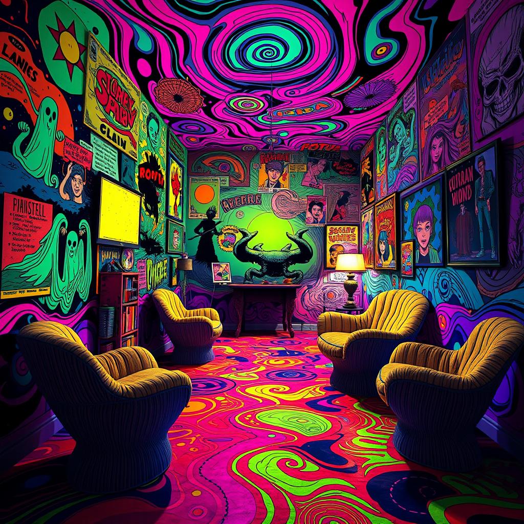 A spooky psychedelic comic room filled with vivid, swirling colors and bizarre patterns