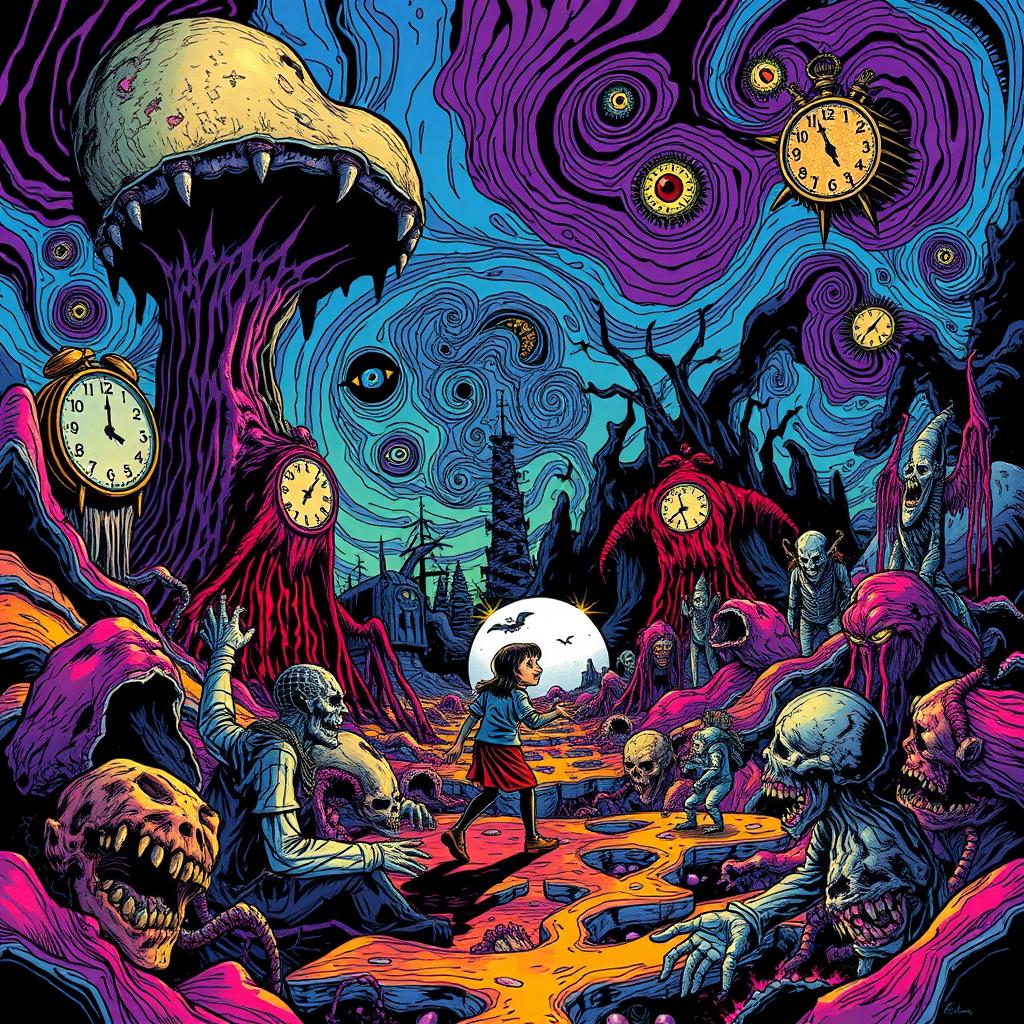 A psychedelic horror comic illustration featuring surreal landscapes, vibrant and clashing colors, and distorted figures that evoke a sense of dread
