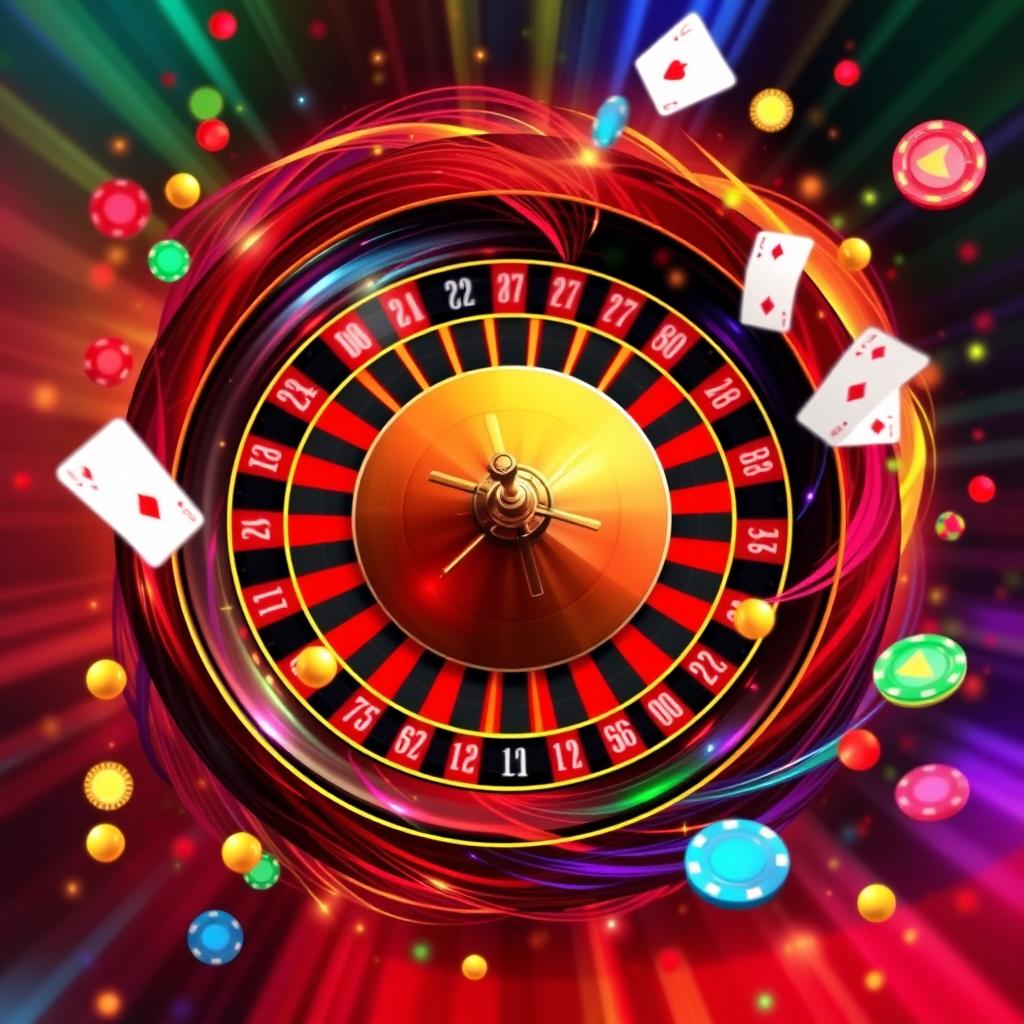 An abstract image that creatively combines the elements of roulette, Andar Bahar, and Baccarat