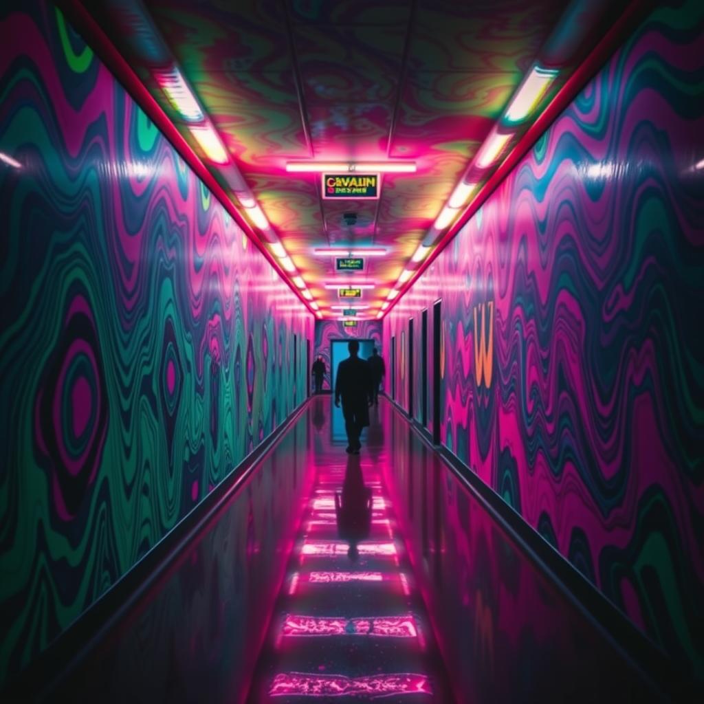 A surreal and unnerving long corridor in a liminal space, filled with psychedelic horror elements