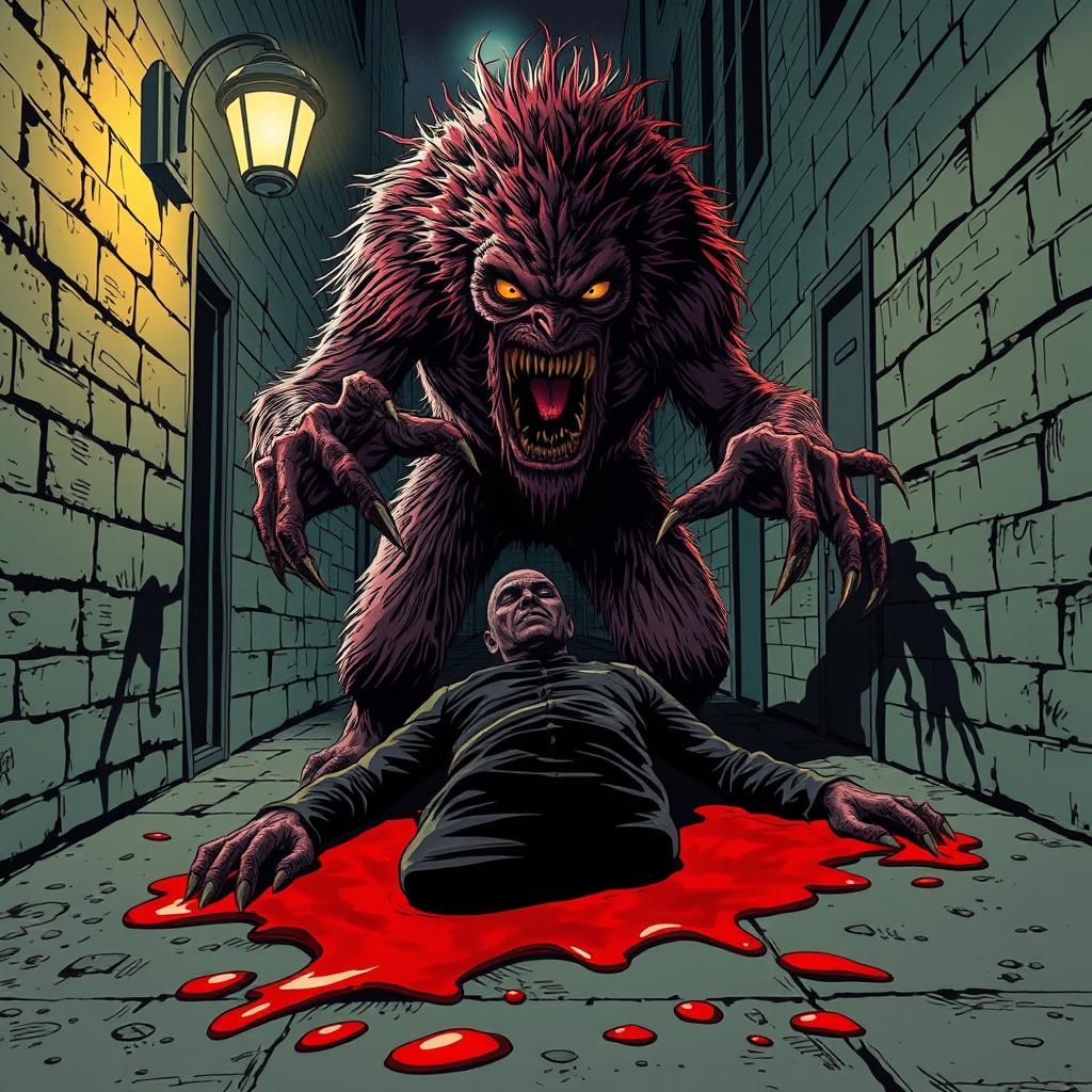 A chilling yet artistically styled comic book illustration of a freaky murder scene involving a grotesque monster