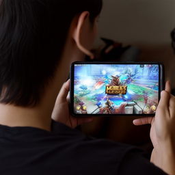 A view from behind of someone engrossed playing Mobile Legends on a smartphone, with the screen clearly visible.