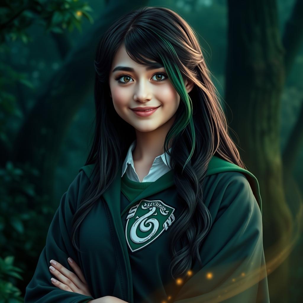 An 18-year-old girl, daughter of two magical parents, proudly wearing the Hogwarts Slytherin uniform