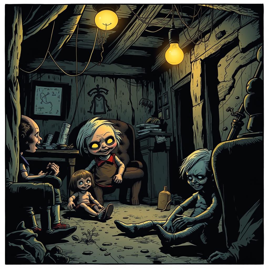 A hauntingly atmospheric comic book scene featuring creepy dolls in an old, dimly lit attic
