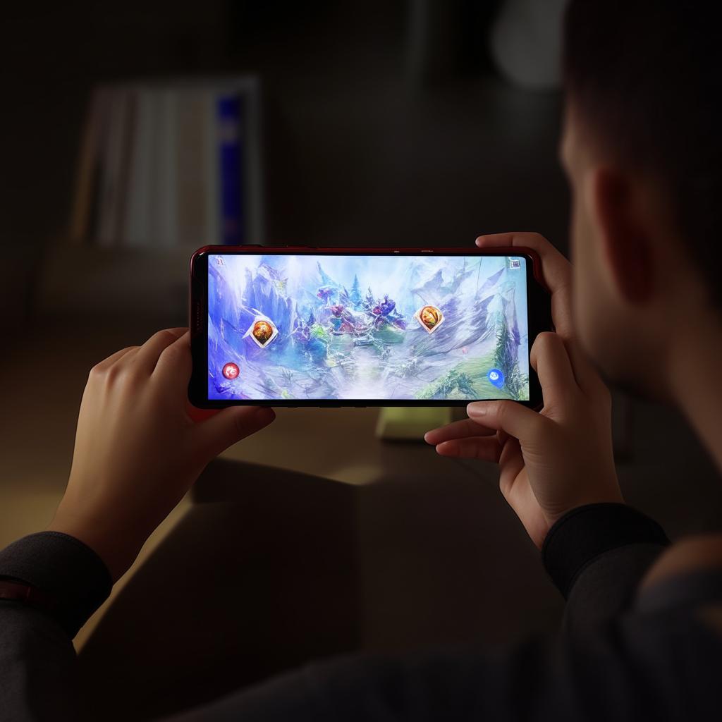 A view from behind of someone engrossed playing Mobile Legends on a smartphone, with the screen clearly visible.