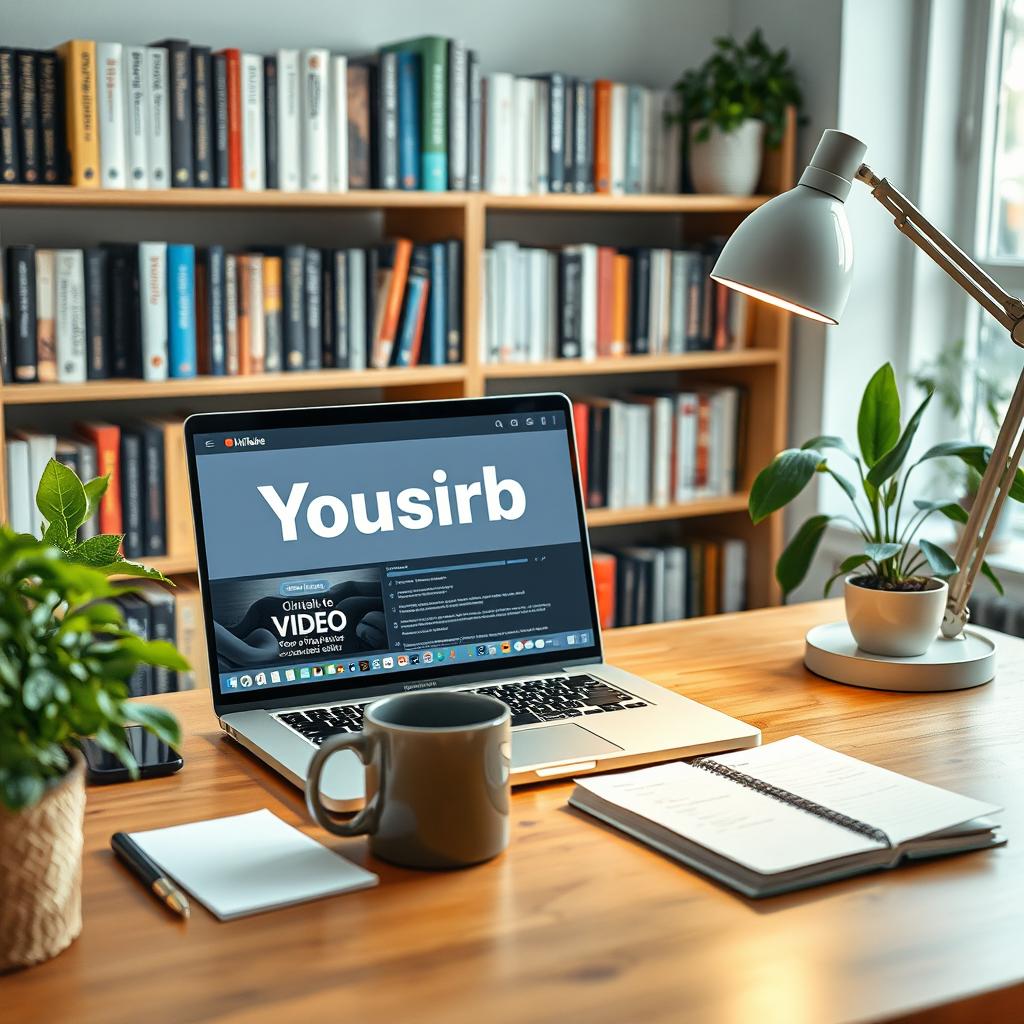 An image of a beautifully arranged workspace for creating a YouTube script, featuring a well-organized desk with a high-quality laptop open displaying a script writing software