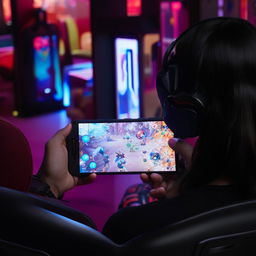 A view from behind of someone engrossed playing Mobile Legends on a smartphone, with the screen clearly visible.