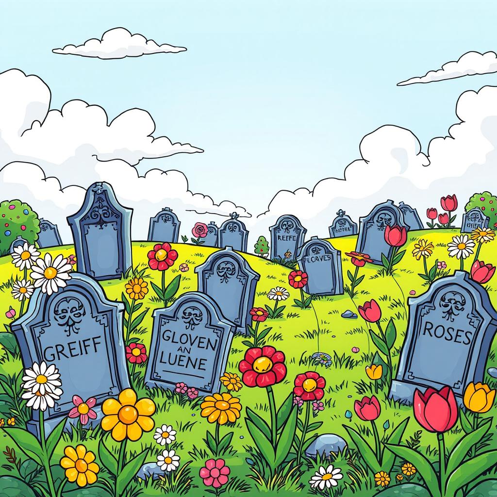 A comic-style illustration featuring a whimsical graveyard filled with vibrant flowers