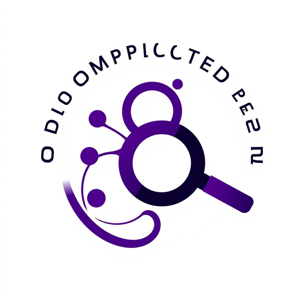 A sophisticated and intricate logo design for a Complicated Polymer Research Group, incorporating a stylized magnifying glass that symbolizes in-depth analysis and discovery