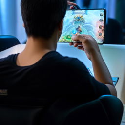 A view from behind of someone engrossed playing Mobile Legends on a smartphone, with the screen clearly visible.