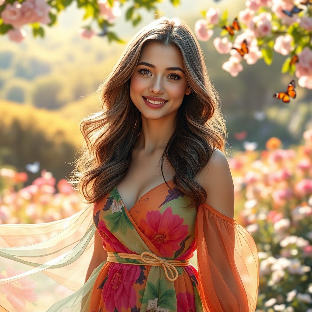 A beautiful lady with elegant features, wearing a flowing, vibrant dress that dances with the wind