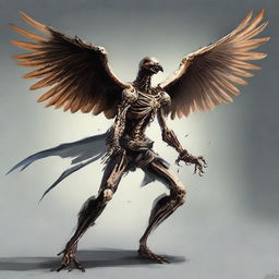 A powerful bird-human hybrid engaging in fierce combat with a skeletal adversary using nothing but his bare hands.