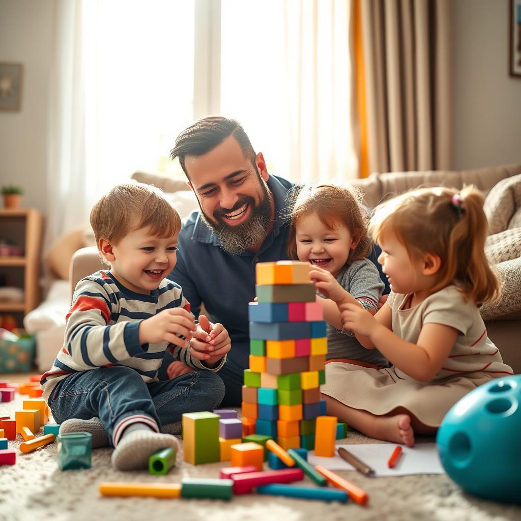 A heartwarming scene in a cozy living room, where a loving father with a well-groomed beard is playfully interacting with his three children