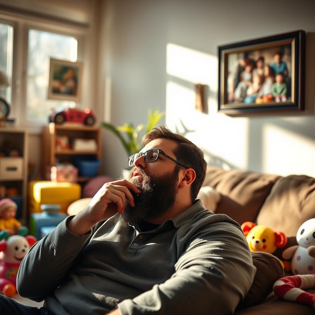 A thoughtful parent with a full, well-groomed beard, reflecting on life while sitting in a cozy, well-lit living room filled with children's toys