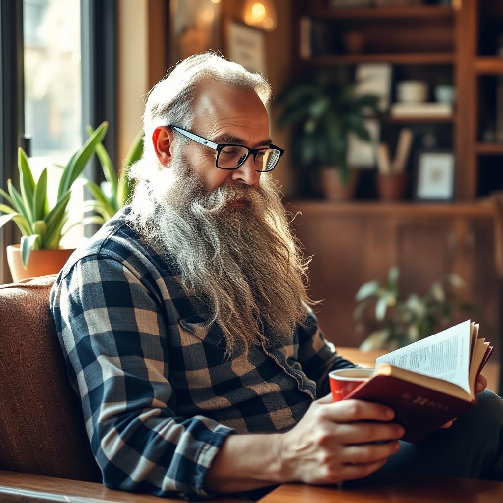 A charismatic older man with a long, majestic beard, sitting comfortably in a cozy, sunlit coffee shop