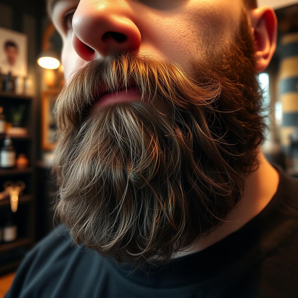 A close-up image of a well-groomed beard, showcasing intricate details and softness, with a warm, inviting ambiance