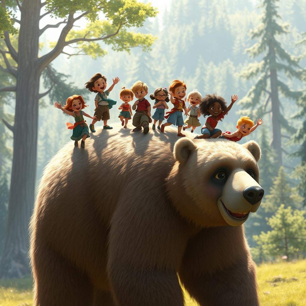 A whimsical scene depicting a group of small people joyfully walking on the back of a giant bear